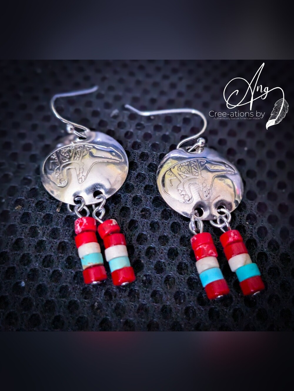 Silver Zuni Bear With Red Turquoise Heishi Bead Dangle Earrings